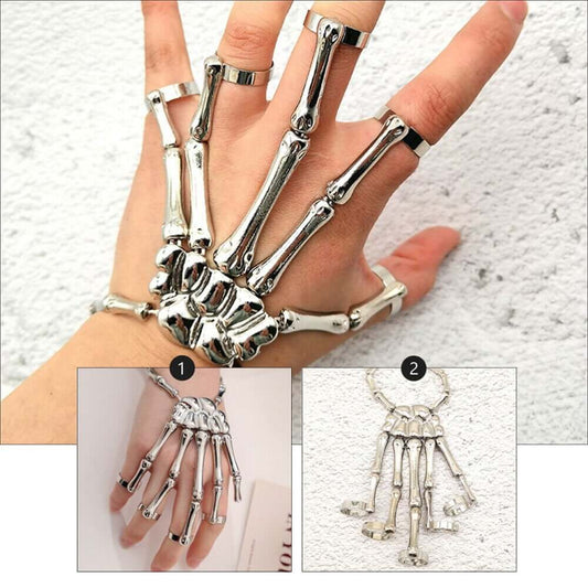 THE MEN THING Steel Bracelets SKELETON HAND - Full Hand Skeleton Bracelet with Ring Metal Elasticity Adjustable for Men & Boys