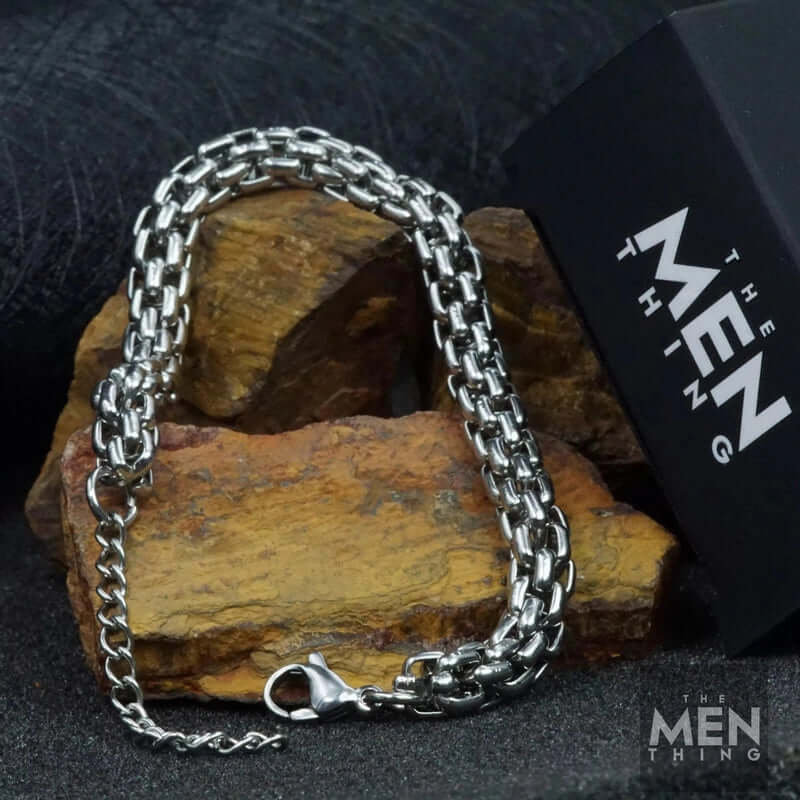 THE MEN THING Steel Bracelets STEELBOX -  7mm Stainless Steel Bracelet, American Style - 8 inch with Adjustable Lobster Claw Buckle for Men & Boys