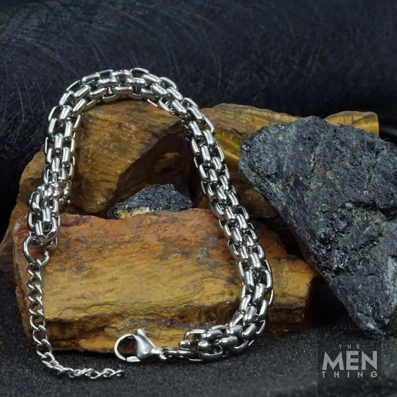 THE MEN THING Steel Bracelets STEELBOX -  7mm Stainless Steel Bracelet, American Style - 8 inch with Adjustable Lobster Claw Buckle for Men & Boys