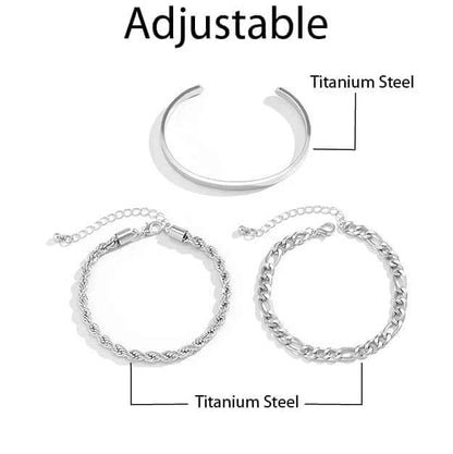 THE MEN THING Steel Bracelets TRIFECTA SILVER - 3 pcs Alloy Adjustable Bracelet for Men & Boys
