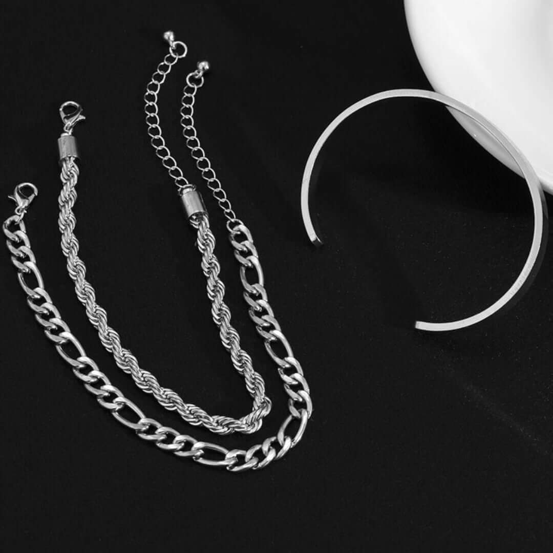THE MEN THING Steel Bracelets TRIFECTA SILVER - 3 pcs Alloy Adjustable Bracelet for Men & Boys