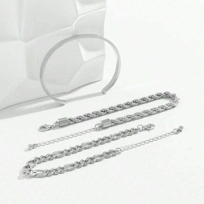 THE MEN THING Steel Bracelets TRIFECTA SILVER - 3 pcs Alloy Adjustable Bracelet for Men & Boys
