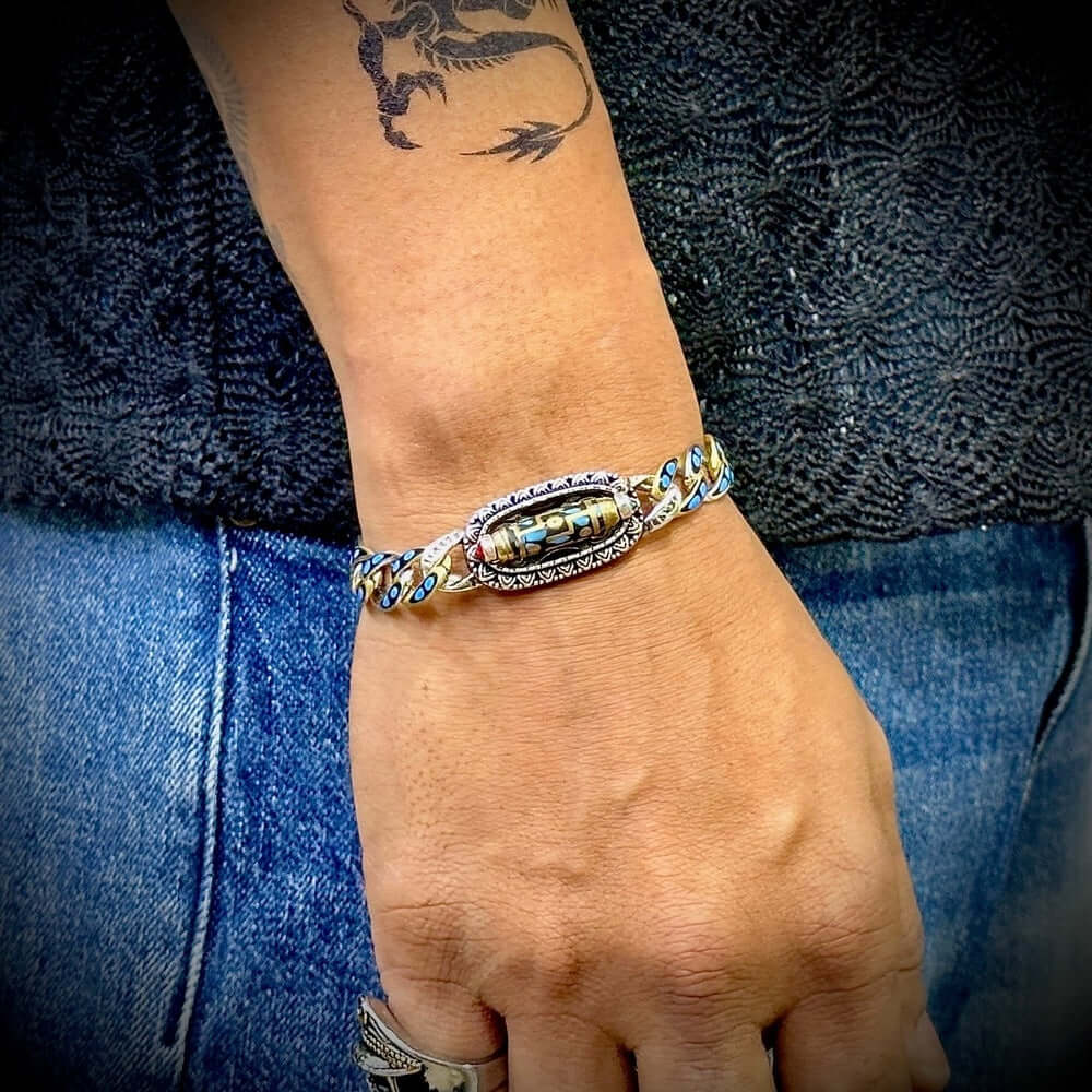 THE MEN THING Steel Bracelets TURQUOISE NINE-EYED DZI - 12mm Pure Copper Bracelet with Box Clasp for Men & Boys (8 inch)