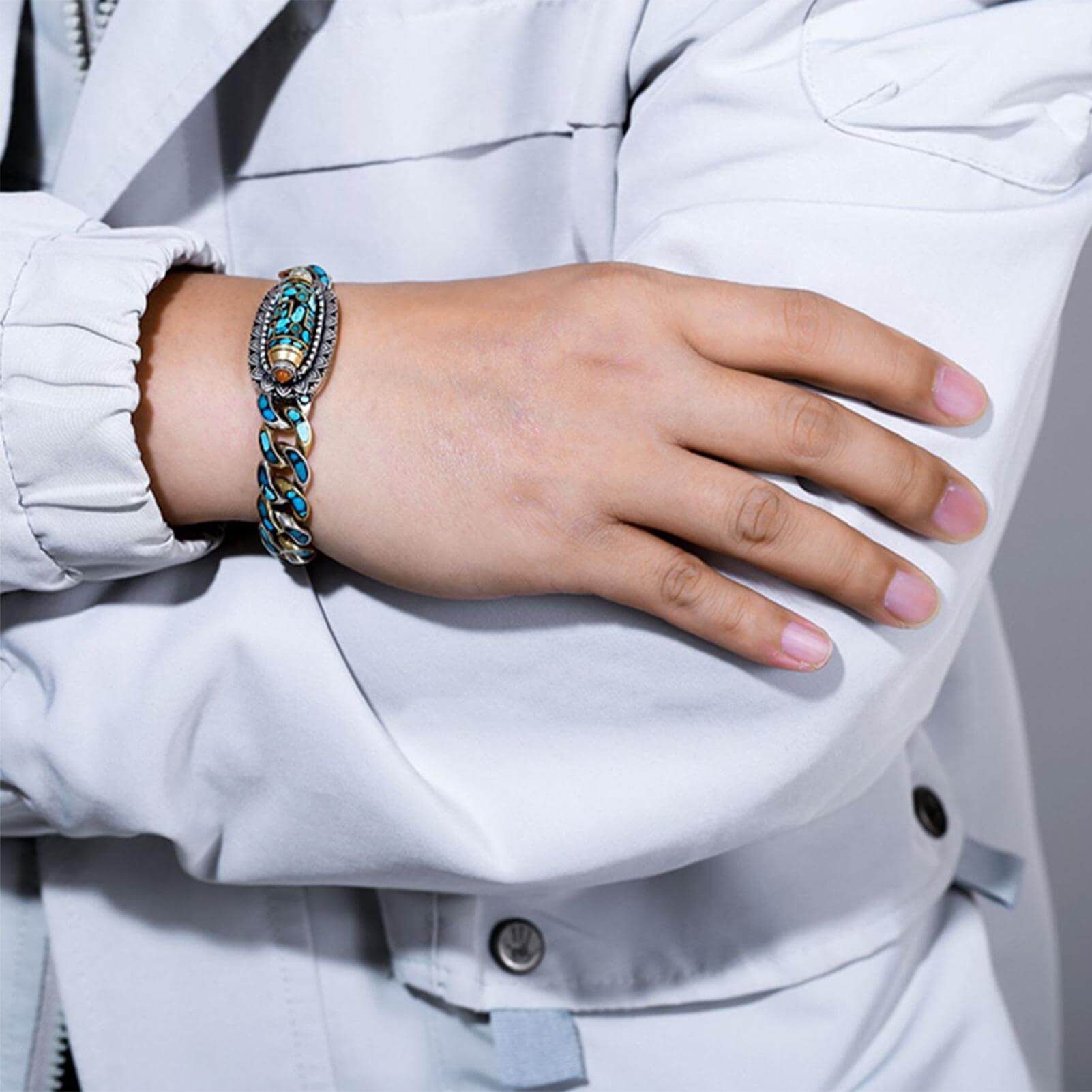 THE MEN THING Steel Bracelets TURQUOISE NINE-EYED DZI - 12mm Pure Copper Bracelet with Box Clasp for Men & Boys (8 inch)