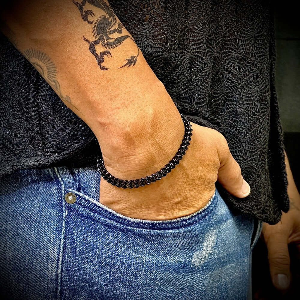 THE MEN THING Steel Bracelets TWIN TOUGH - 5mm Titanium Steel Black Bracelet for Men & Boys (8 inch)