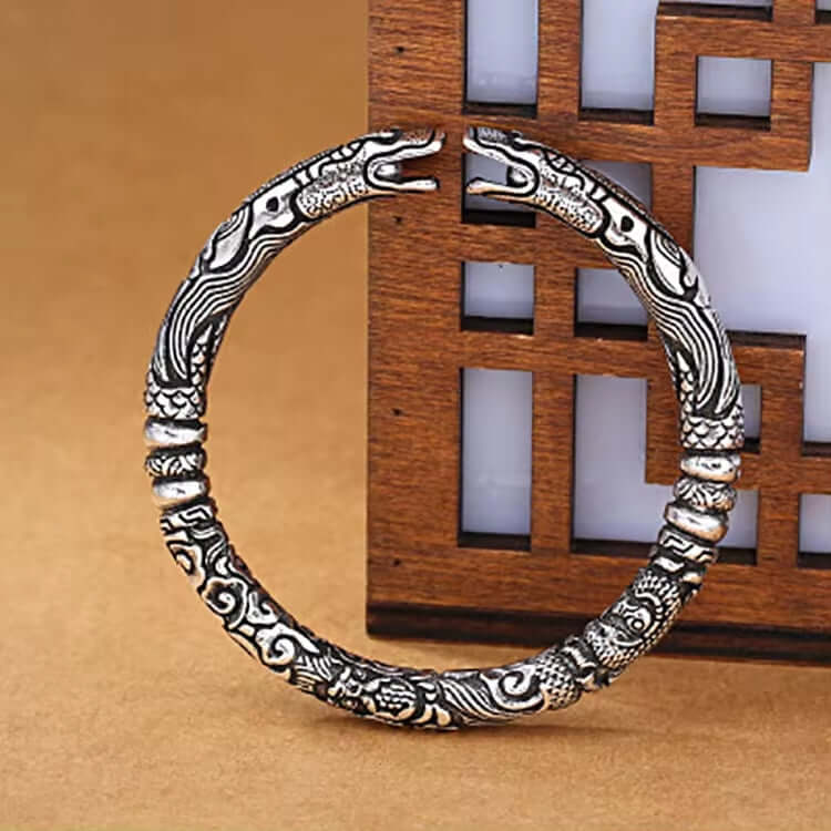 THE MEN THING Steel Bracelets TWO HEADED DRAGON - "7" mm Pure Alloy Silver Cuff Adjustable Bracelet for Men & Boy