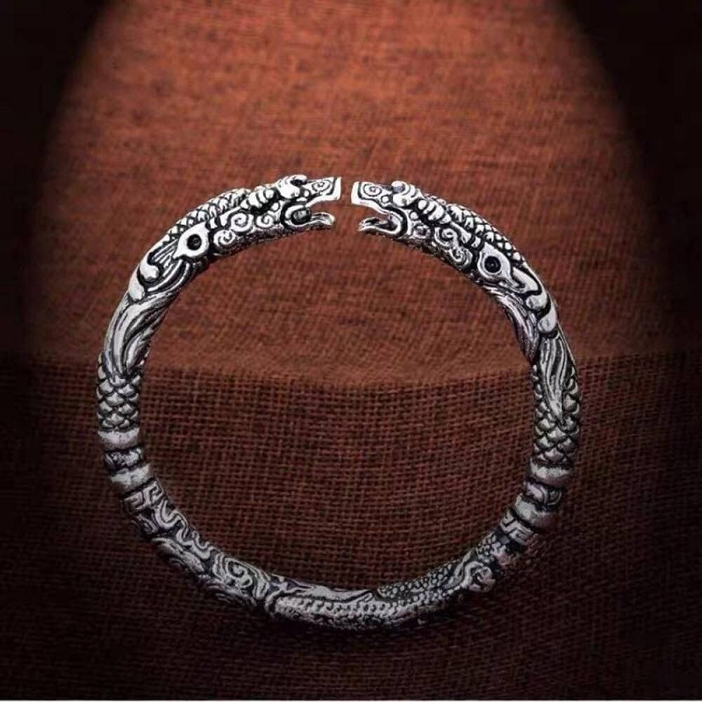 THE MEN THING Steel Bracelets TWO HEADED DRAGON - "7" mm Pure Alloy Silver Cuff Adjustable Bracelet for Men & Boy