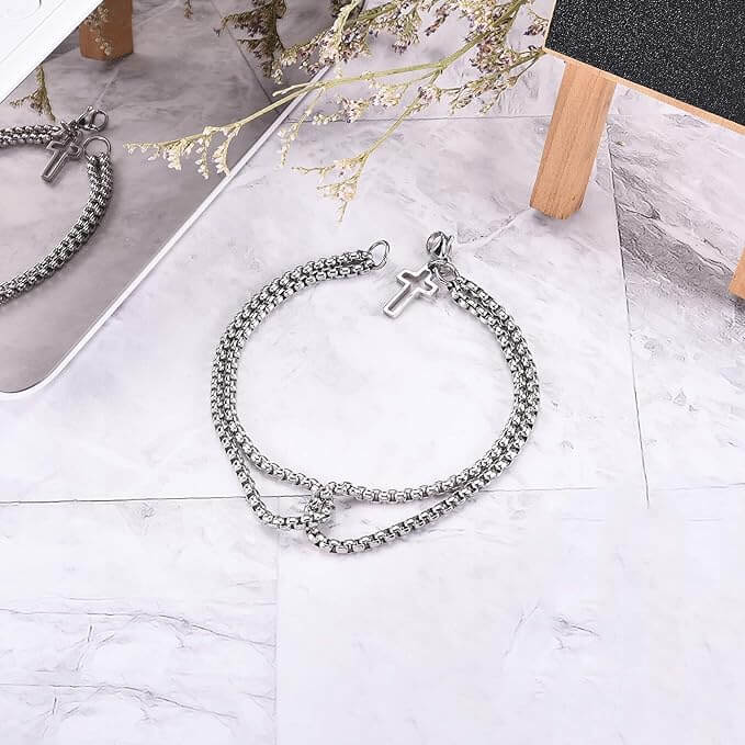 THE MEN THING Steel Bracelets VECTRO NEXUS -  Pure Stainless Steel Double Chain Cross Hollow Bracelet 8 inch with Lobster Claw Buckle for Men & Boy.