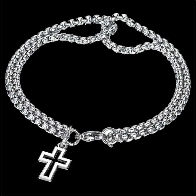 THE MEN THING Steel Bracelets VECTRO NEXUS -  Pure Stainless Steel Double Chain Cross Hollow Bracelet 8 inch with Lobster Claw Buckle for Men & Boy.