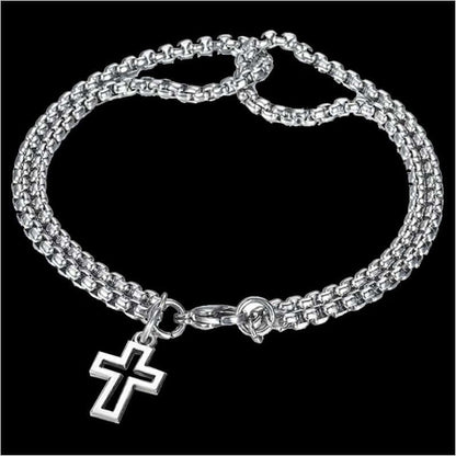 THE MEN THING Steel Bracelets VECTRO NEXUS -  Pure Stainless Steel Double Chain Cross Hollow Bracelet 8 inch with Lobster Claw Buckle for Men & Boy.