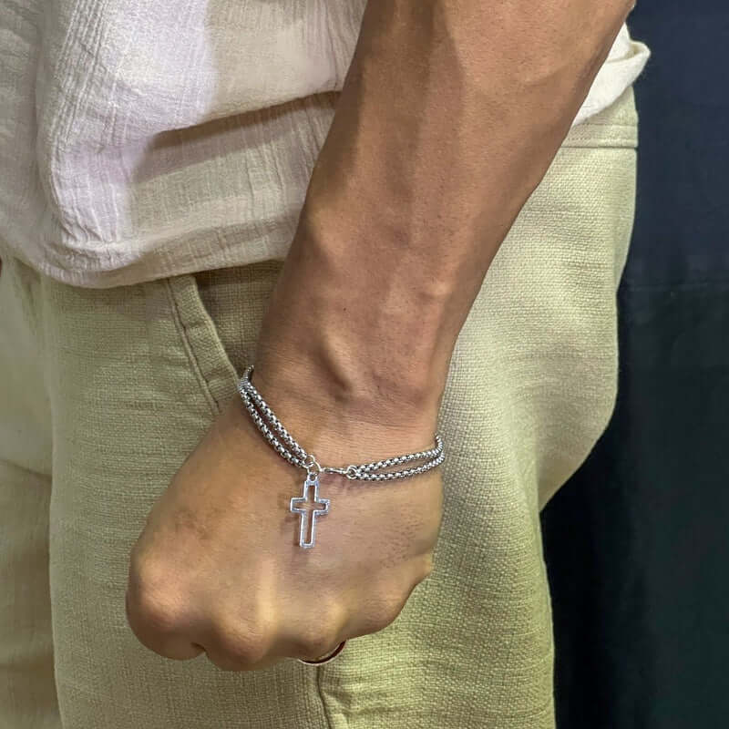 THE MEN THING Steel Bracelets VECTRO NEXUS -  Pure Stainless Steel Double Chain Cross Hollow Bracelet 8 inch with Lobster Claw Buckle for Men & Boy.