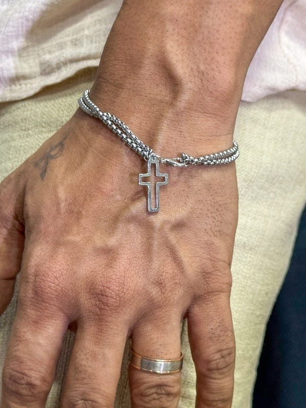 THE MEN THING Steel Bracelets VECTRO NEXUS -  Pure Stainless Steel Double Chain Cross Hollow Bracelet 8 inch with Lobster Claw Buckle for Men & Boy.