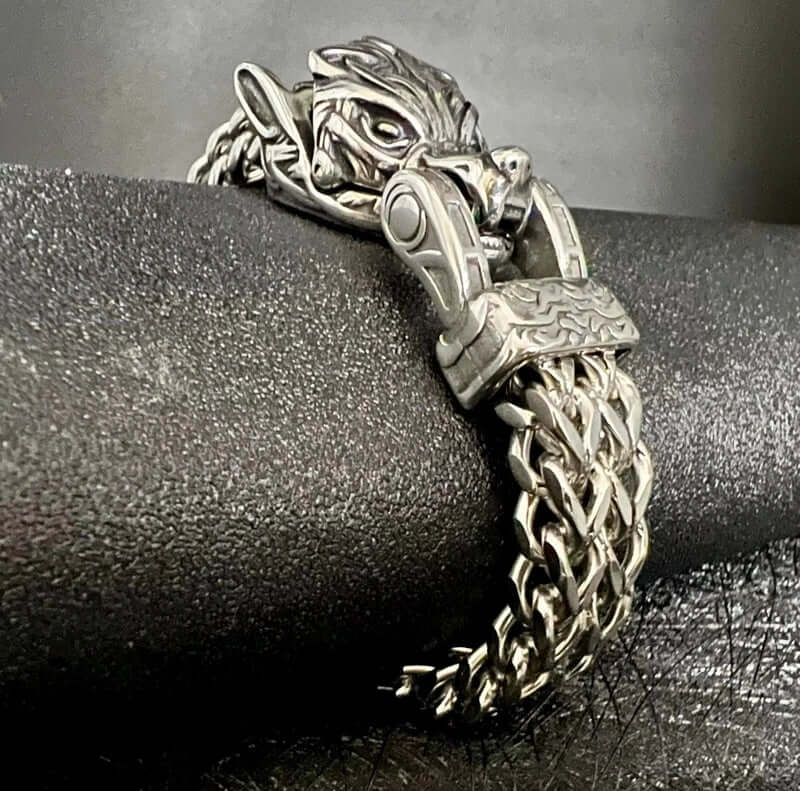 THE MEN THING Steel Bracelets VIKING WOLF HEAD -  12mm Pure Titanium Steel Bracelet, American trending Style -  Norse Bracelet for Men & Boys (8inch)