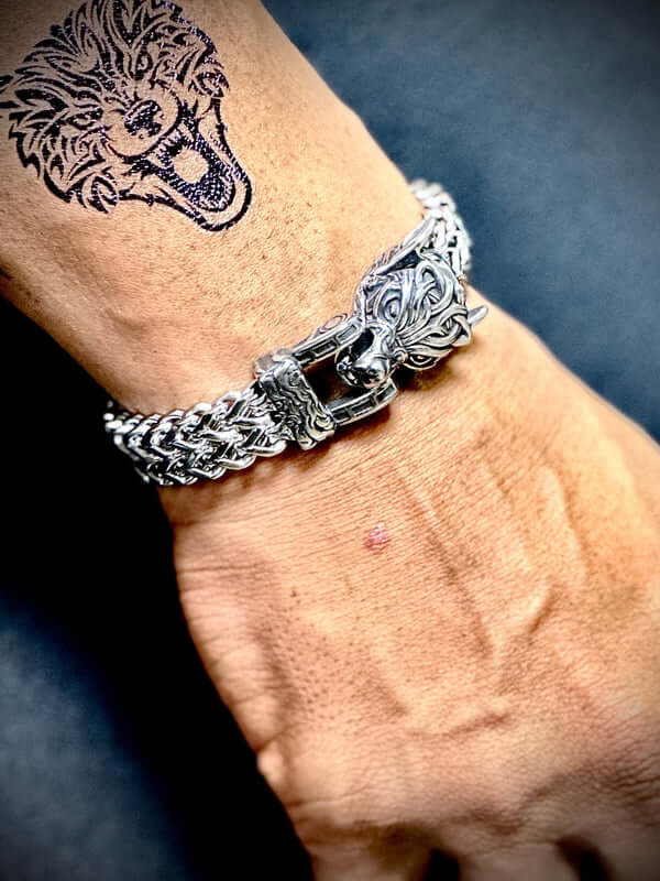 THE MEN THING Steel Bracelets VIKING WOLF HEAD -  12mm Pure Titanium Steel Bracelet, American trending Style -  Norse Bracelet for Men & Boys (8inch)