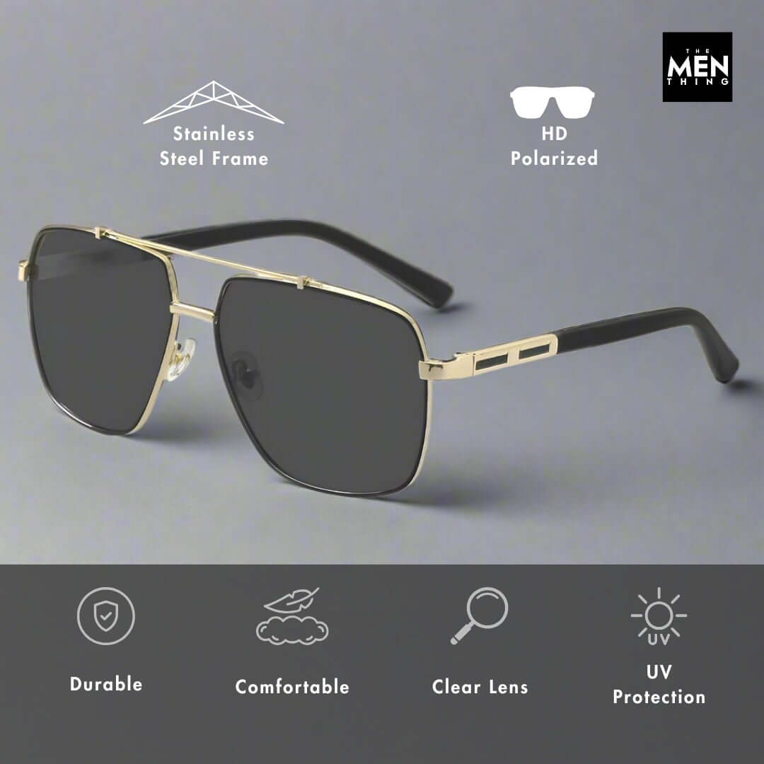 THE MEN THING Sunglasses 2109 SHADOW LUXE -  Double Bridge Aviator Style - HD Polarised Sunglasses for Men - UV400 Protection, Stainless Steel Frame
