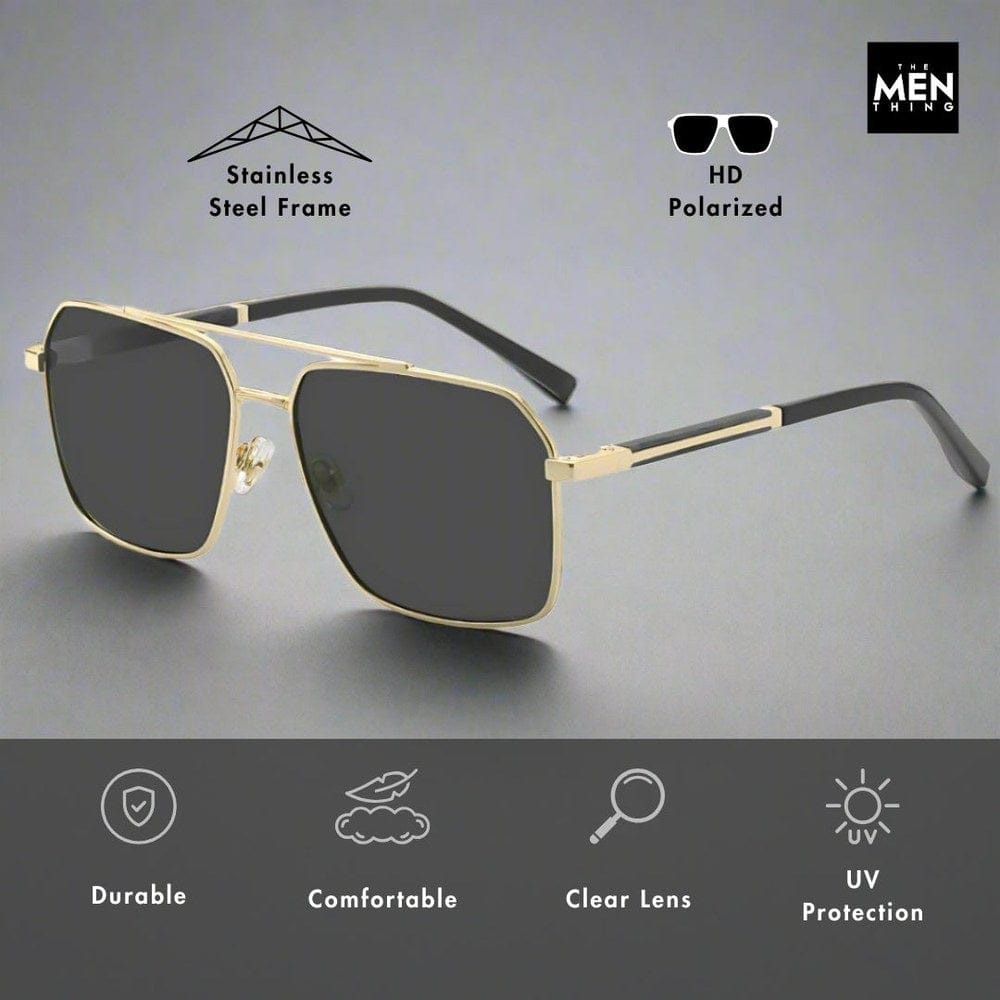 THE MEN THING Sunglasses 2124 BOLD HORIZON -  Rectangular Aviator  Style - HD Polarised Sunglasses for Men - UV400 Protection, Stainless Steel Frame