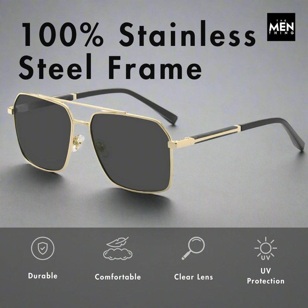 THE MEN THING Sunglasses 2124 BOLD HORIZON -  Rectangular Aviator  Style - HD Polarised Sunglasses for Men - UV400 Protection, Stainless Steel Frame