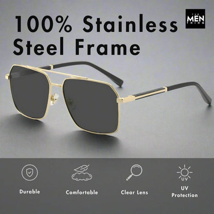 THE MEN THING Sunglasses 2124 BOLD HORIZON -  Rectangular Aviator  Style - HD Polarised Sunglasses for Men - UV400 Protection, Stainless Steel Frame
