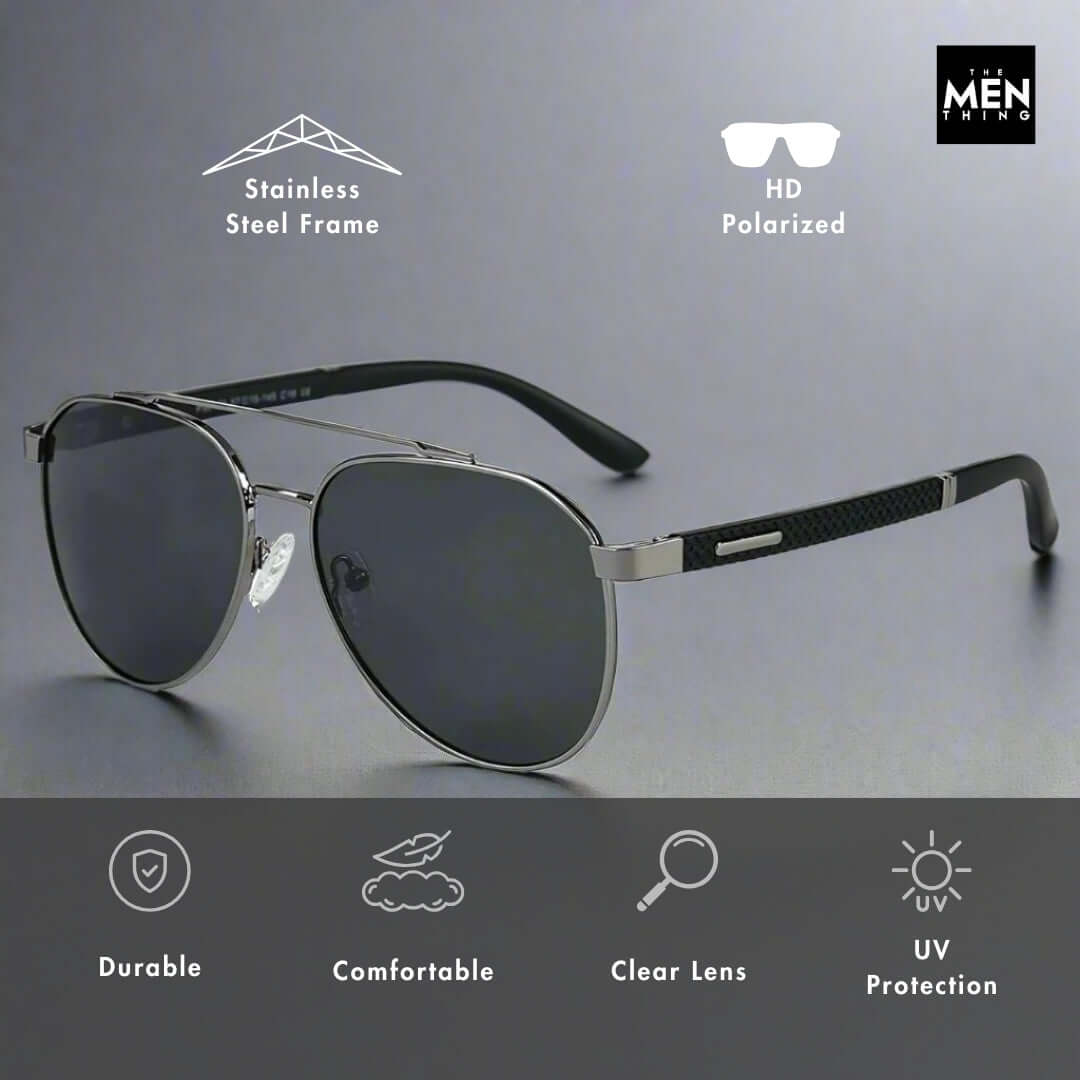 THE MEN THING Sunglasses 2173 STEALTH PILOT  -  Aviator Style - HD Polarised Sunglasses for Men - UV400 Protection, Stainless Steel Frame