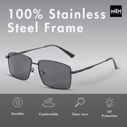 THE MEN THING Sunglasses J3298 - OBSIDIAN LUXE - HD Polarised Sunglasses for Men - UV400 Protection, Stainless Steel Frame - Black Grey Lenses