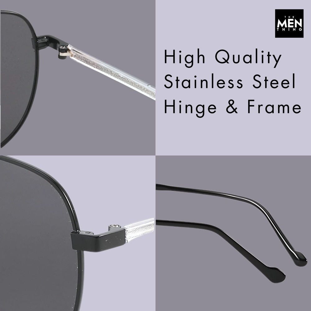 THE MEN THING Sunglasses J3335 - SUNLIT ELEGANCE - HD Polarised Sunglasses for Men - UV400 Protection, Stainless Steel Frame - Black Frame with Black Lens