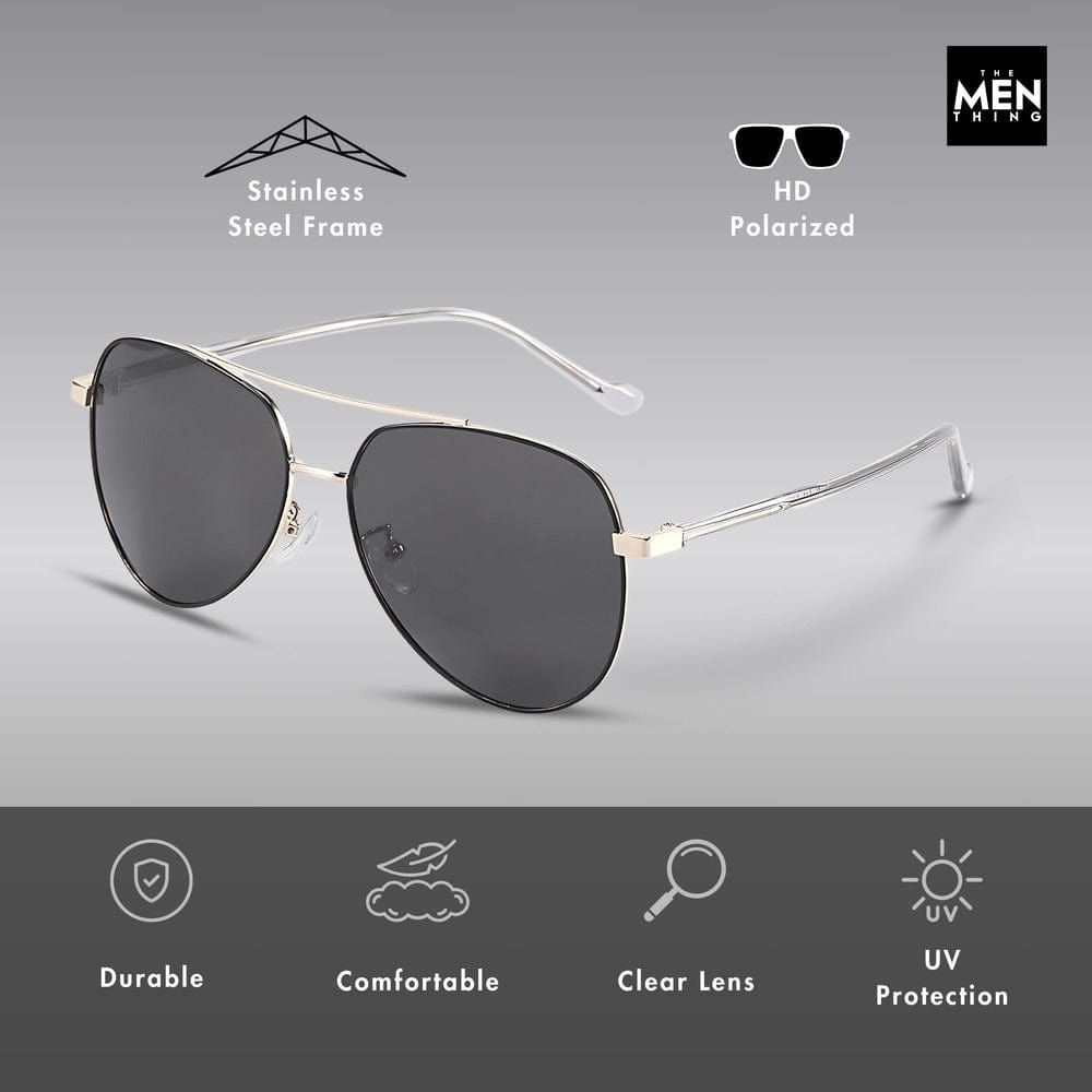 THE MEN THING Sunglasses J3335 - SUNLIT ELEGANCE - HD Polarised Sunglasses for Men - UV400 Protection, Stainless Steel Frame - Black Frame with Black Lens
