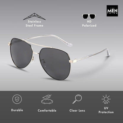 THE MEN THING Sunglasses J3335 - SUNLIT ELEGANCE - HD Polarised Sunglasses for Men - UV400 Protection, Stainless Steel Frame - Black Frame with Black Lens