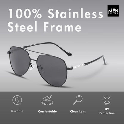 THE MEN THING Sunglasses J3335 - SUNLIT ELEGANCE - HD Polarised Sunglasses for Men - UV400 Protection, Stainless Steel Frame - Black Frame with Black Lens