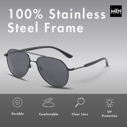 THE MEN THING Sunglasses J3338 - SLATE SOAR - HD Polarised Sunglasses for Men - UV400 Protection, Stainless Steel Frame - Black Frame with Black Lens