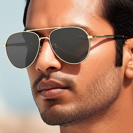 THE MEN THING Sunglasses J3338 - SLATE SOAR - HD Polarised Sunglasses for Men - UV400 Protection, Stainless Steel Frame - Gold Frame with Black Lens