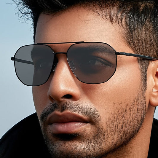 THE MEN THING Sunglasses J3347 - AMBER LUXE - HD Polarised Sunglasses for Men - UV400 Protection, Stainless Steel Frame - Black Frame with Black Lens
