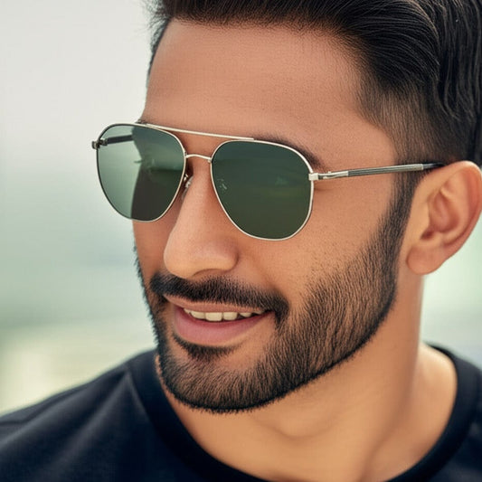 THE MEN THING Sunglasses J3347 - AMBER LUXE - HD Polarised Sunglasses for Men - UV400 Protection, Stainless Steel Frame - Gunmetal Frame with Green Lens