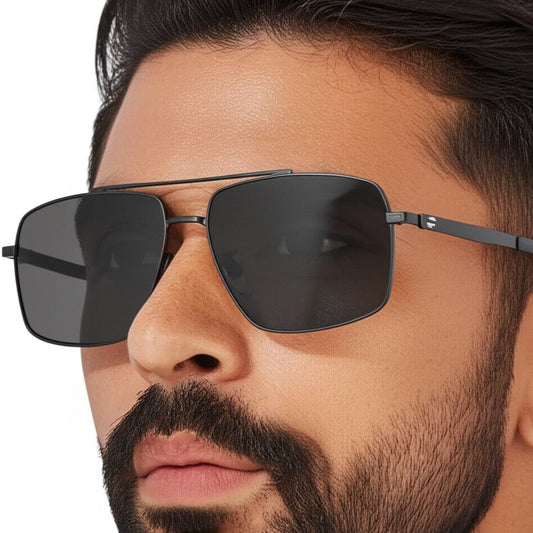THE MEN THING Sunglasses J3348 - VORTEX SHADE - HD Polarised Sunglasses for Men - UV400 Protection, Stainless Steel Frame - Black Frame with Black Lens