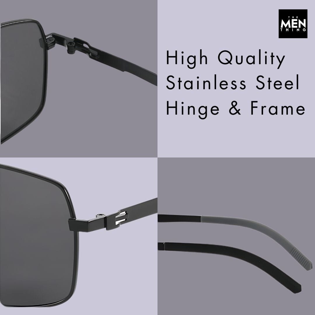 THE MEN THING Sunglasses J3348 - VORTEX SHADE - HD Polarised Sunglasses for Men - UV400 Protection, Stainless Steel Frame - Black Frame with Black Lens