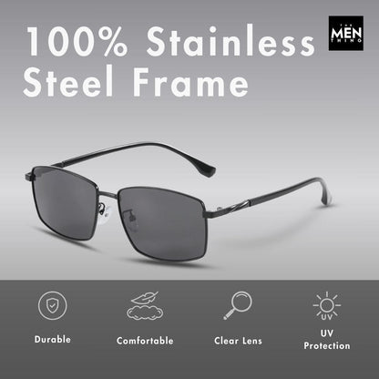 THE MEN THING Sunglasses J3351 - MISTY NOIR - HD Polarised Sunglasses for Men - UV400 Protection, Stainless Steel Frame - Black Frame with Black Lens