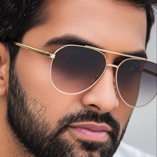 THE MEN THING Sunglasses J3352 - AETHER VISION - HD Polarised Sunglasses for Men - UV400 Protection, Stainless Steel Frame - Gold Frame with Gradient Tea Lens