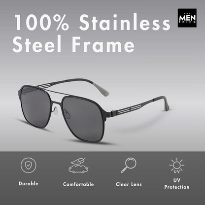 THE MEN THING Sunglasses J3362 -JETSETTER VISION - HD Polarised Sunglasses for Men - UV400 Protection, Stainless Steel Frame - Black Frame with Black Lens